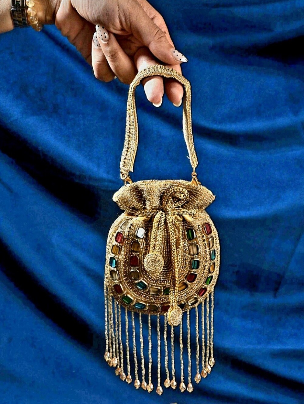 Gold Embellished Beaded Drawstring Evening Bag